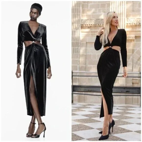 Zara Velvet Cut Out Midi Dress Black Blogger Fav Size Medium - Picture 4 of 8
